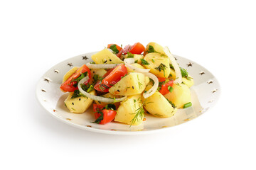 Plate of tasty Potato Salad with vegetables on white background