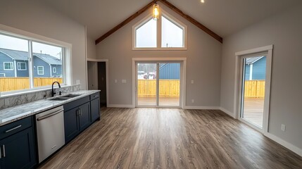 Obraz premium Modern open-concept living space with large windows and wooden accents
