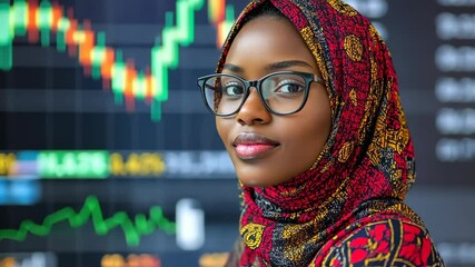 Professional woman in a colorful hijab analyzing stock market data on a digital display - Powered by Adobe