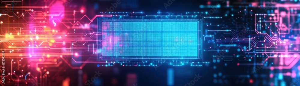 Poster high tech circuit board design with pink and blue glowing lights on dark background