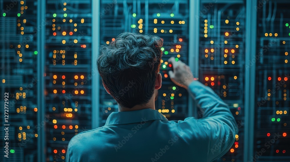 Poster it professional securing a server, data center with glowing racks