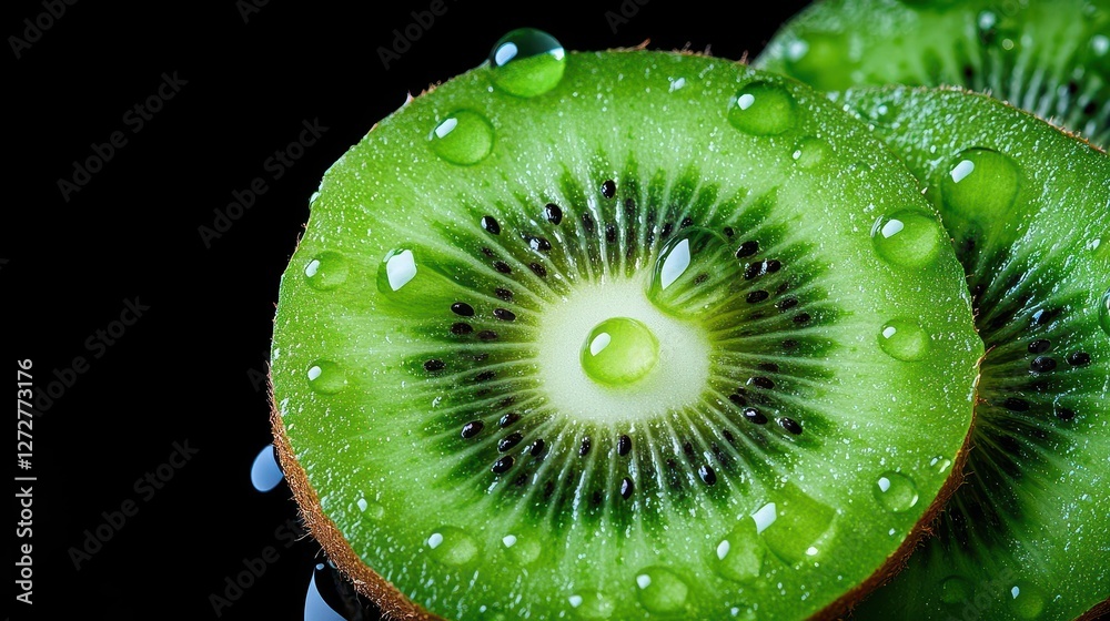 Poster macro close up of sliced kiwi fruit with water droplets on dark background