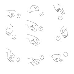 ダイアルを回す手のセット　白黒のベクターイラスト。