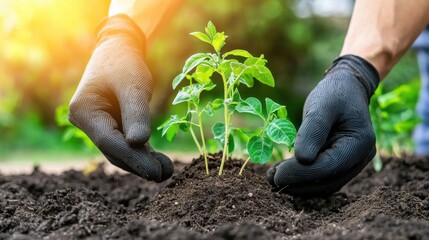 Fototapeta premium Hands planting young seedling in fertile soil nurturing new growth and sustainability