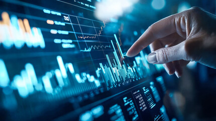 Hand interacting with data visualizations on digital finance dashboard