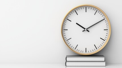 Modern wall clock on a stack of books against a minimalist white background