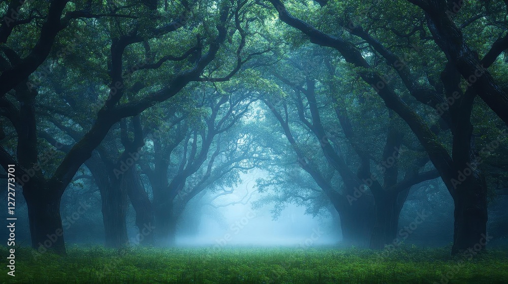 Aufkleber Misty Forest Path With Tall Trees in Verdant Landscape With Dense Fog