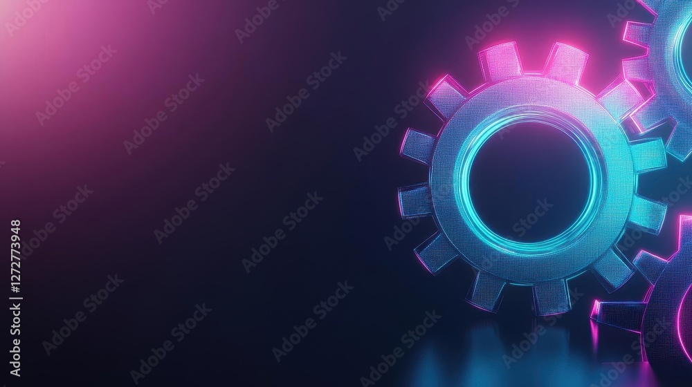 Poster neon lit gears against dark backdrop in cyberpunk futuristic style