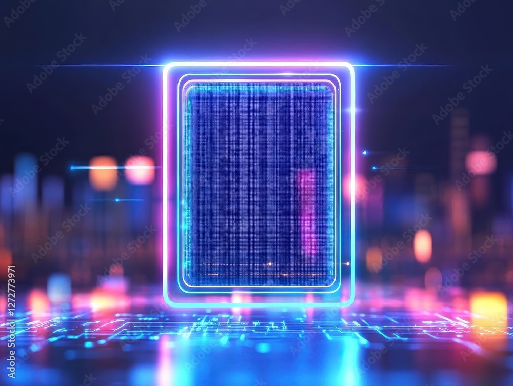 Poster Neon Portal with Binary Code Matrix Glowing in a Cyberpunk Cityscape Design