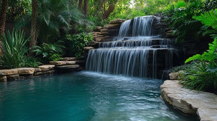Naklejka premium serene waterfall cascading into a crystal-clear pool, surrounded by lush greenery, Generative AI