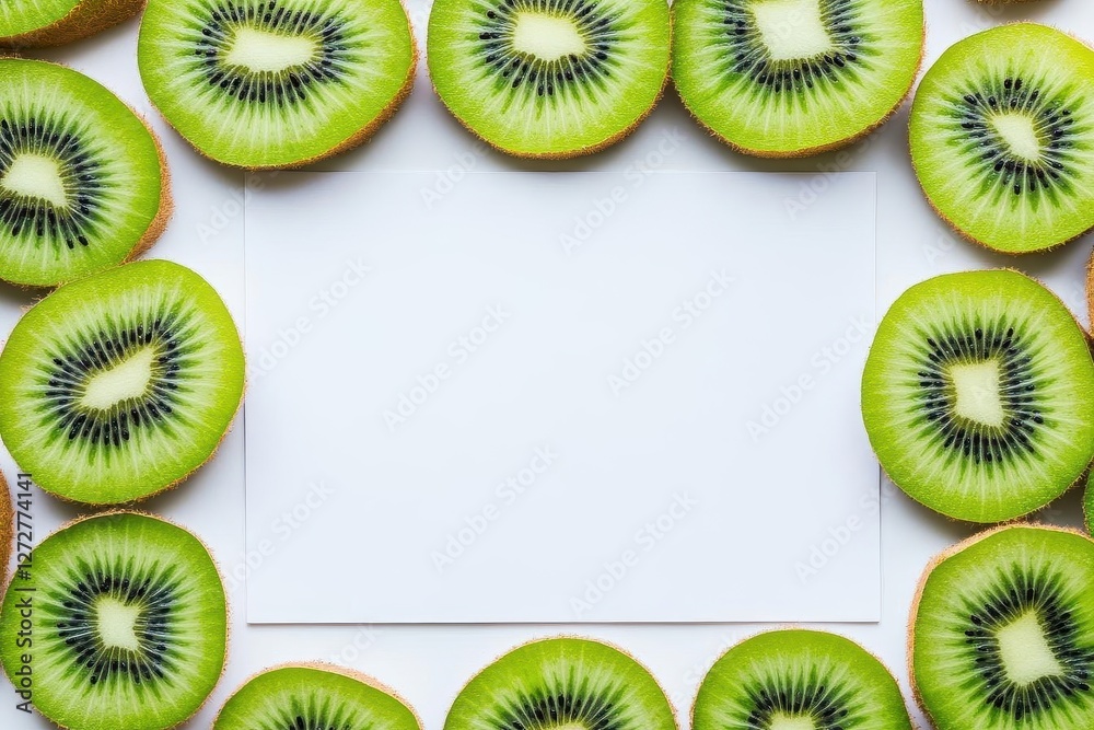 Poster overhead flat lay of kiwi fruit slices bordering white card on a table