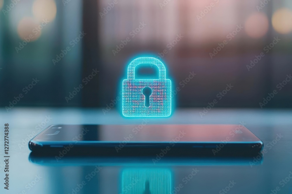 Aufkleber personal data protection, holographic padlock hovering over a smartphone