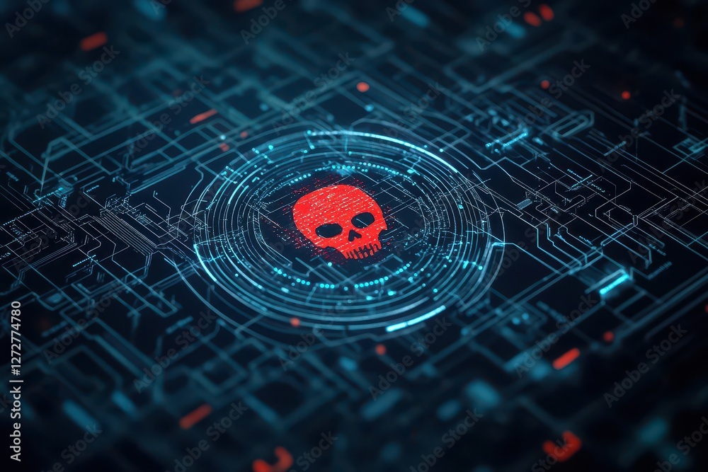 Aufkleber Ransomware attack visualization, red skull symbol on a digital interface