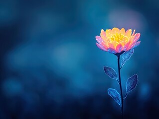 Obraz premium Radiant Orange Flower with Blue Stem and Leaves in a Dark Dreamy Night Backdrop