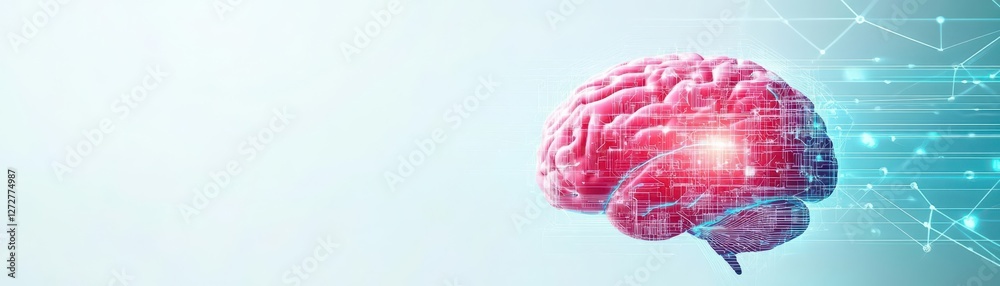 Poster red pixelated brain with light streaks against light blue gradient background