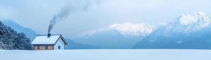 Remote cabin in the mountains during winter, cozy smoke from the chimney