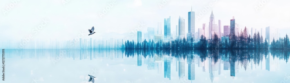 Poster sky high view of cityscape with blue water reflections and modern architecture