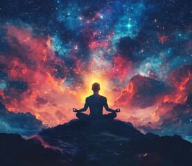 Meditating man silhouette with aura of light cosmic background with yoga pose, spiritual