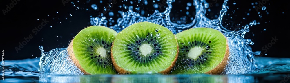 Aufkleber three kiwi slices surrounded by splashing water on a dark background