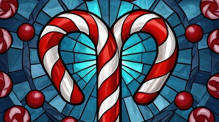 Vibrant Stained Glass Candy Cane Mosaic Design in Blue and Red Hues