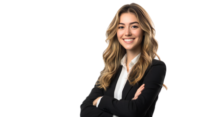 Confident young businesswoman with long wavy blonde hair in black blazer, isolated on white background