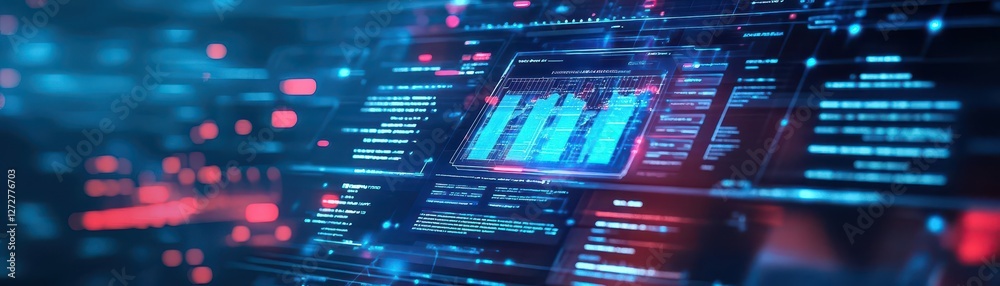Fototapete Vibrant Abstract Technology Background with Glowing Lines and Binary Code in Blue and Red Hues