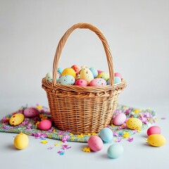 Colorful Easter Eggs in Wicker Basket with Spring Flowers