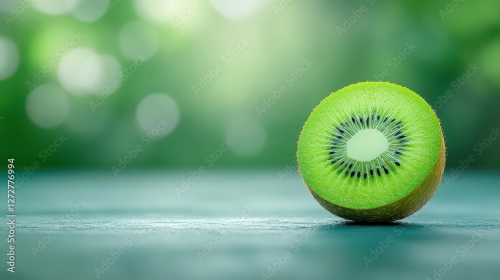 Poster Vibrant Kiwi Fruit Slice Displayed on Green Surface with Bokeh Background in Studio Light