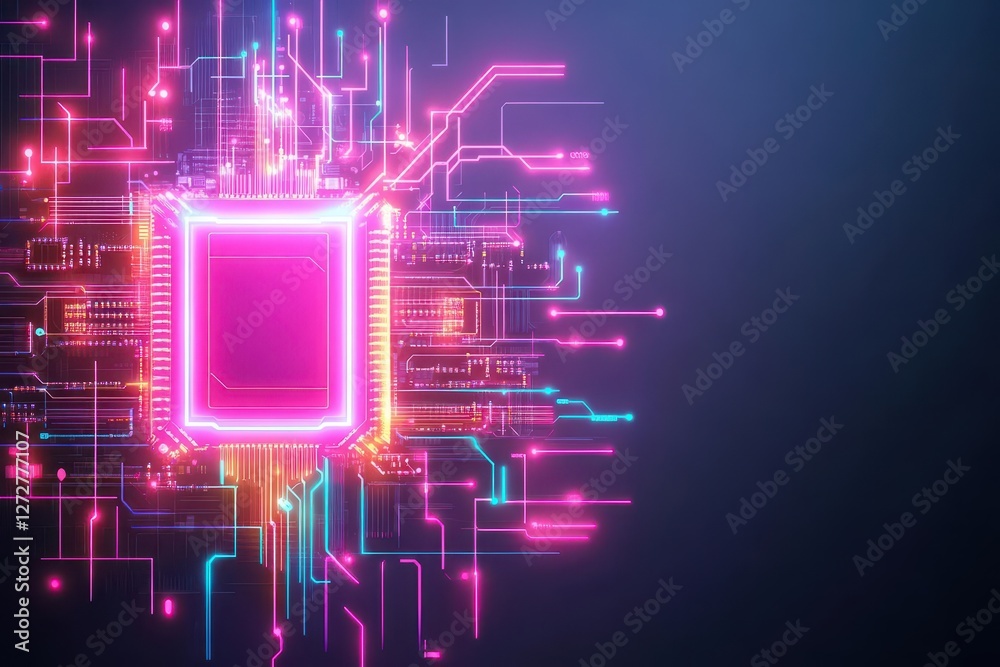 Poster vibrant neon circuit board design against dark backdrop displaying advanced technology