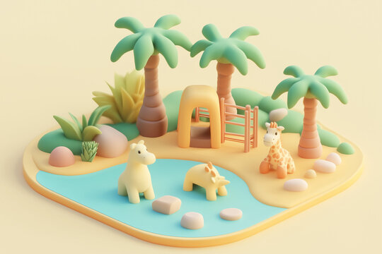 3D illustration of a tropical zoo scene with safari animal near a pond and palm trees. Pastel-style 3D cute animals wildlife and nature in a playful environment.
