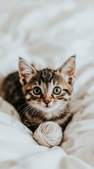 Playful kitten resting on soft bedding with a yarn ball in a cozy indoor setting