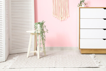 Interior of living room with chest of drawers, houseplant on stool and stylish rug