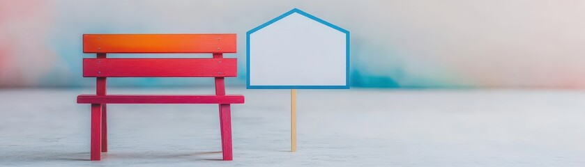 Fototapeta premium Vibrant Wooden Bench Beside House Shaped Blank Sign on White Wood Surface Indoors