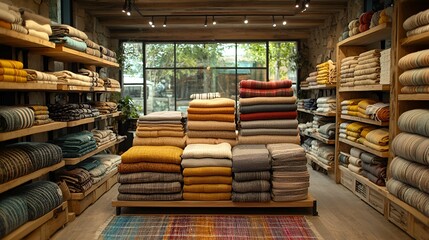 Fototapeta premium Cozy blankets store interior display