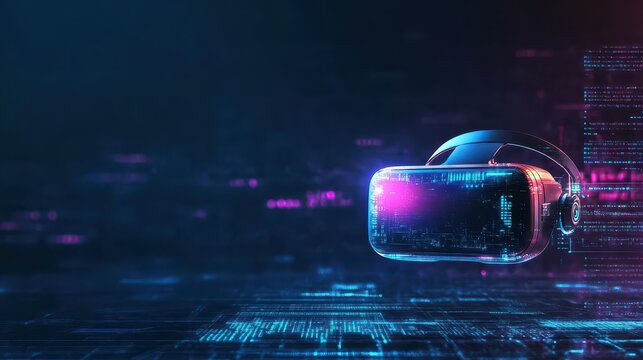 Virtual reality gaming setup, futuristic headset, dark cyberpunk atmosphere