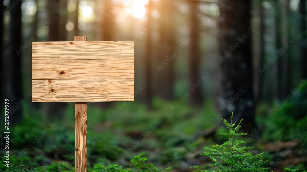 Aufkleber wooden signpost in a lush green forest with sunlight filtering through the trees