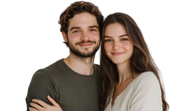 Happy young couple embracing, man with wavy dark hair and beard, woman with long brown hair, love and relationship concept