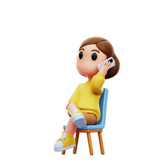 Chibi Girl Sitting on the Chair While Chatting on her Phone 3D Illustration Isolated Transparent Background	