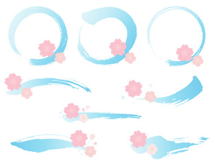 桜の装飾、筆書きストローク、円形フレームのセット
