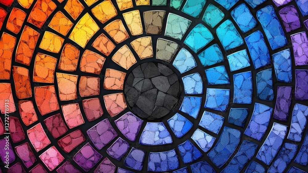 Poster mesmerizing mosaic of vibrant colorful stained glass shapes in concentric circular patterns