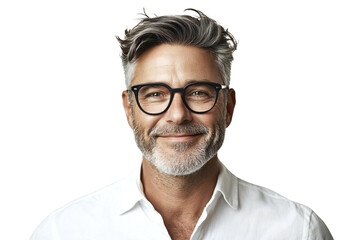 Smiling middle-aged man with salt-and-pepper hair and glasses, isolated on transparent background