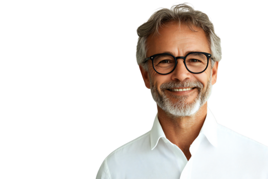 Smiling middle-aged man with salt-and-pepper hair and glasses, isolated on transparent background