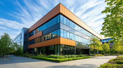 Obraz premium Modern office building exterior, sunny day, landscaped grounds, business park in background