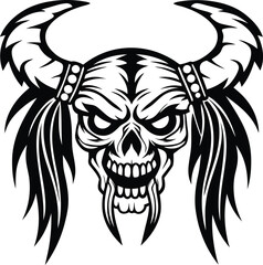 Angry mythical warrior skull silhouette vector illustration, mythical warrior skull line art vector design