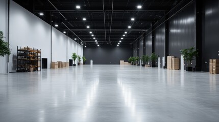 Empty modern warehouse interior, ready for event setup