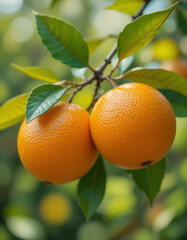 Cluster of ripe oranges hanging from a tree branch, surrounded by lush green leaves, in a natural outdoor setting.