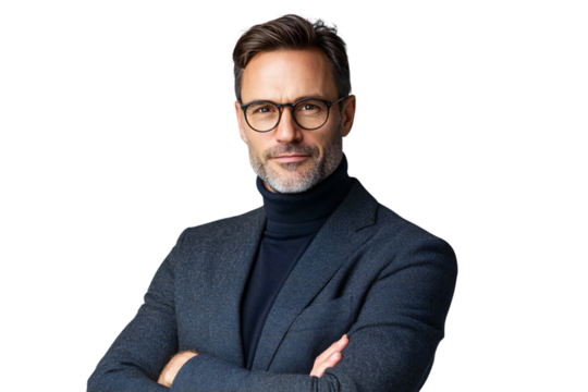 Confident middle-aged businessman wearing glasses and a turtleneck, isolated on transparent background