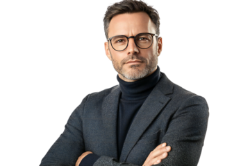Confident middle-aged businessman wearing glasses and a turtleneck, isolated on transparent background