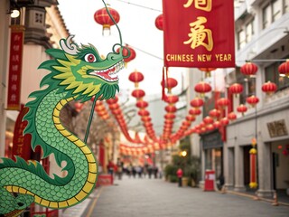 Fototapeta premium a festive street scene with a large, green dragon decoration in the foreground, and numerous red lanterns hanging overhead, creating a vibrant and celebratory atmosphere for Chinese New Year