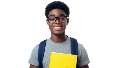 Smiling young student with glasses and backpack holding a book, isolated on transparent background
